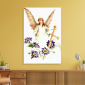 Engel met kruis en clematisbloemen canvas afdruk (Insitu (Woonkamer))
