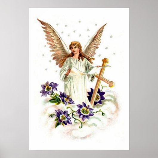 Engel met kruis en clematisbloemen poster (Voorkant)