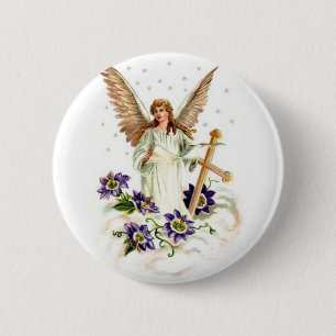 Engel met kruis en clematisbloemen ronde button 5,7 cm