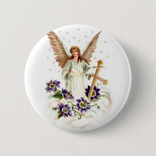 Engel met kruis en clematisbloemen ronde button 5,7 cm (Voorkant)