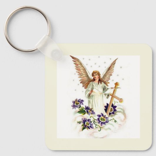 Engel met kruis en clematisbloemen sleutelhanger (Voorkant)