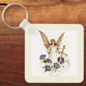 Engel met kruis en clematisbloemen sleutelhanger (Voorkant)