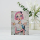 Engel met roze haar en een blauwe vogel briefkaart (Staand voorkant)