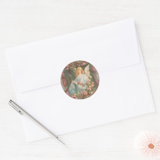Engel met Rozen Ronde Sticker (Envelop)