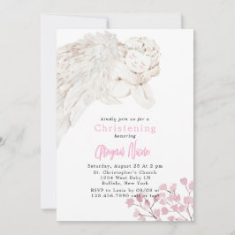 Engel met Vleugels Roze Bloemen Doop Kaart