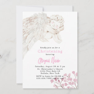 Engel met Vleugels Roze Bloemen Doop Kaart