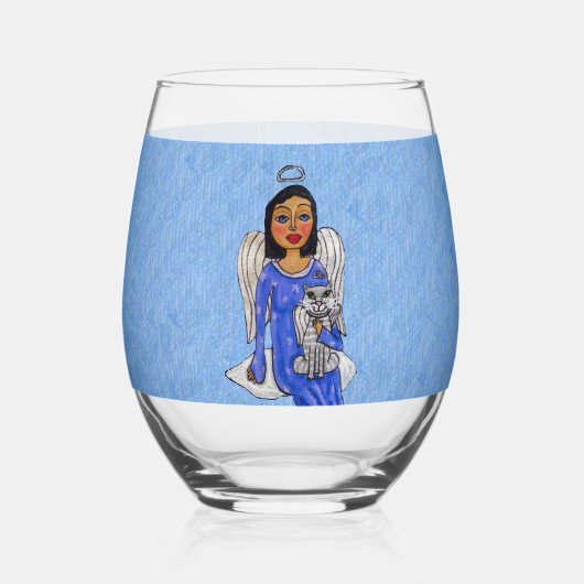 Engel met witte kat op wolk Hemelblauw Wijnglas Zonder Voet (Achterkant)