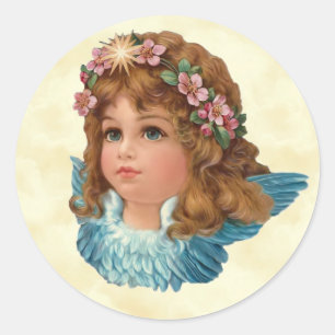 engel roze bloemen blauwe wings ronde sticker