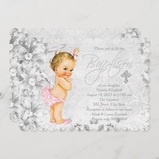  engel roze en grijs doopsel kaart (Voorkant / Achterkant)