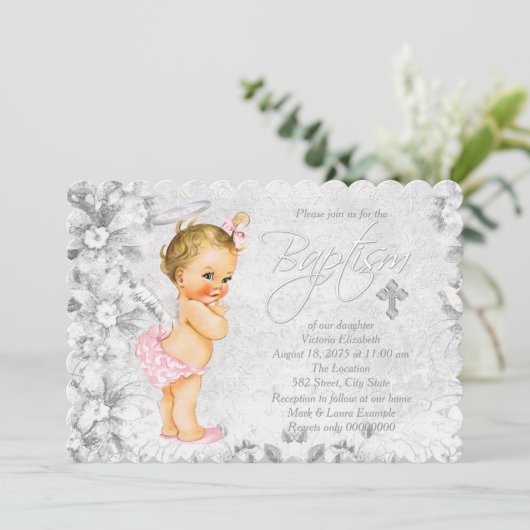 engel roze en grijs doopsel kaart (Staand voorkant)