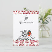 ENGEL SCHILDEREND EEN RODE BLOEM DAMAST MONOGRAM KAART (Staand voorkant)