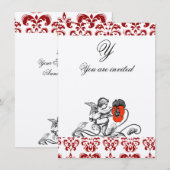 ENGEL SCHILDEREND EEN RODE BLOEM DAMAST MONOGRAM KAART (Voorkant / Achterkant)