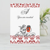 ENGEL SCHILDEREND EEN RODE BLOEM DAMAST MONOGRAM KAART (Staand voorkant)