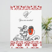 ENGEL SCHILDERT EEN RODE BLOEM DAMAST MONOGRAAM KAART (Staand voorkant)