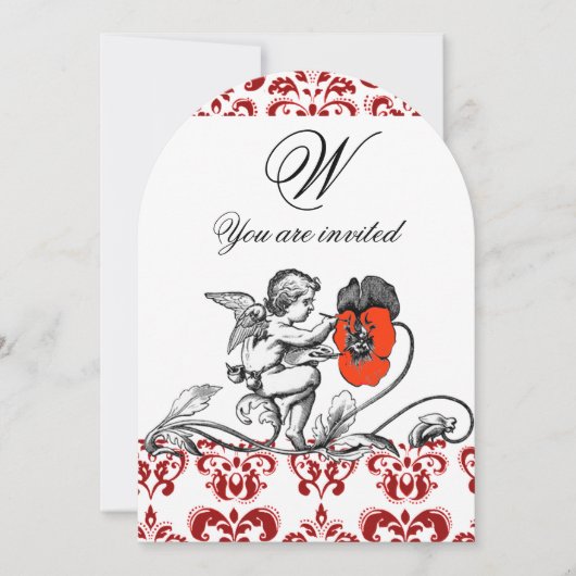 ENGEL SCHILDERT EEN RODE BLOEM DAMAST MONOGRAAM KAART (Voorkant)