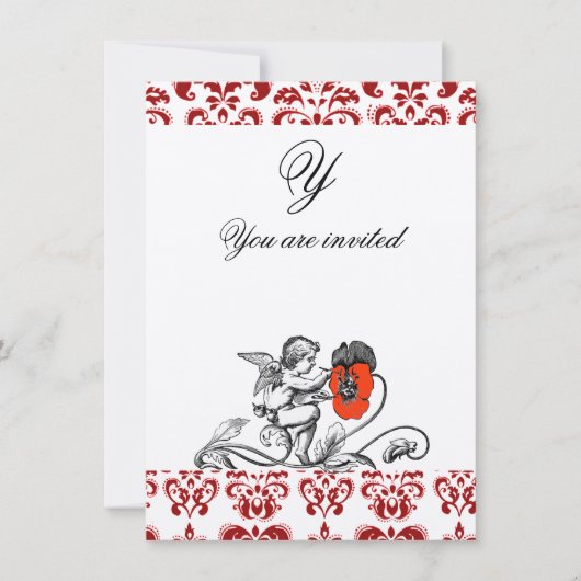 ENGEL SCHILDERT EEN RODE BLOEM DAMAST MONOGRAAM KAART (Voorkant)