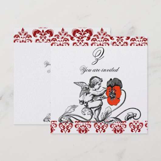 ENGEL SCHILDERT EEN RODE BLOEM DAMAST MONOGRAM ice Kaart (Voorkant / Achterkant)