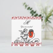 ENGEL SCHILDERT EEN RODE BLOEM DAMAST MONOGRAM KAART (Staand voorkant)