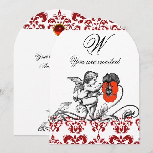 ENGEL SCHILDERT EEN RODE BLOEM DAMAST MONOGRAM KAART (Voorkant / Achterkant)