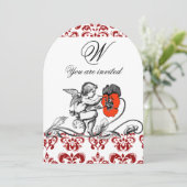 ENGEL SCHILDERT EEN RODE BLOEM DAMAST MONOGRAM KAART (Staand voorkant)