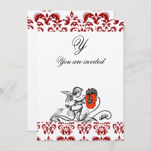 ENGEL SCHILDERT EEN RODE BLOEM DAMAST MONOGRAM KAART (Voorkant / Achterkant)