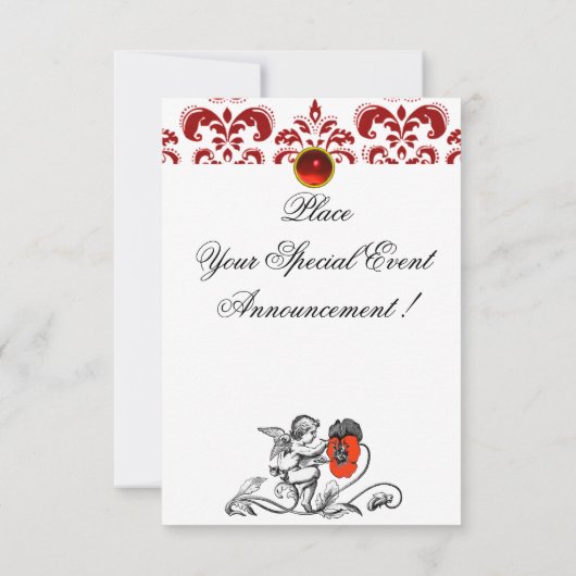 ENGEL SCHILDERT EEN RODE BLOEM DAMAST MONOGRAM KAART (Achterkant)