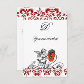 ENGEL SCHILDERT EEN RODE BLOEM DAMAST MONOGRAM KAART (Voorkant / Achterkant)