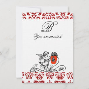 ENGEL SCHILDERT EEN RODE BLOEM DAMAST MONOGRAM LIN KAART