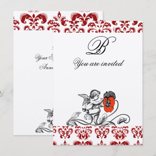 ENGEL SCHILDERT EEN RODE BLOEM DAMAST MONOGRAM vil Kaart (Voorkant / Achterkant)