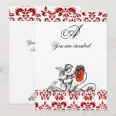 ENGEL SCHILDERT EEN RODE BLOEM DAMAST MONOGRAMM KAART (Voorkant / Achterkant)