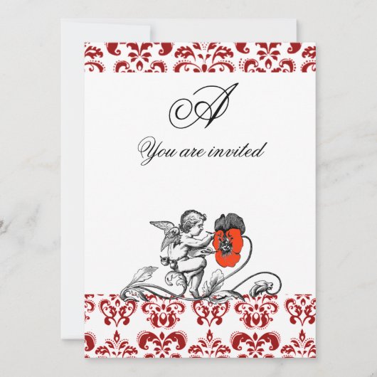 ENGEL SCHILDERT EEN RODE BLOEM DAMAST MONOGRAMM KAART (Voorkant)
