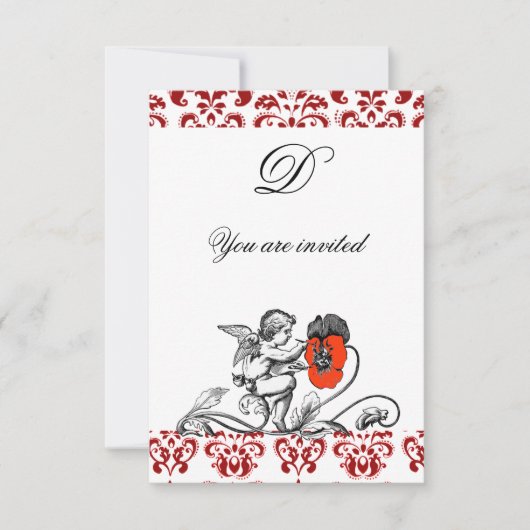 ENGEL SCHILDERT EEN RODE BLOEM DAMAST MONOGRAMM KAART (Voorkant)