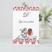 ENGEL SCHILDERT EEN RODE BLOEM DAMAST MONOGRAMM KAART (Staand voorkant)