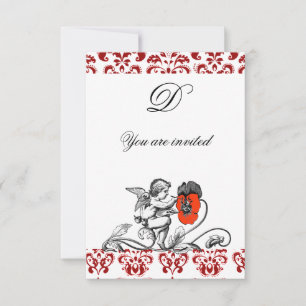 ENGEL SCHILDERT EEN RODE BLOEM DAMAST MONOGRAMM KAART