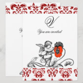 ENGEL SCHILDERT EEN RODE BLOEM DAMAST MONOGRAMME KAART (Voorkant / Achterkant)