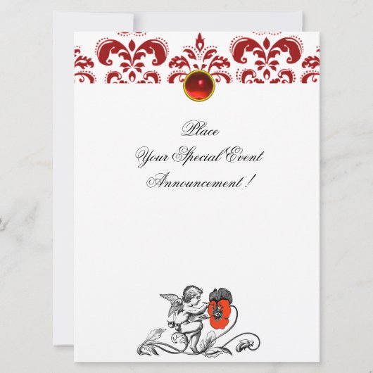 ENGEL SCHILDERT EEN RODE BLOEM DAMAST MONOGRAMME KAART (Achterkant)