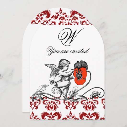 ENGEL SCHILDERT EEN RODE BLOEM DAMAST MONOGRAMME KAART (Voorkant / Achterkant)