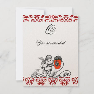 ENGEL SCHILDERT EEN RODE BLOEM DAMAST MONOGRAMME KAART