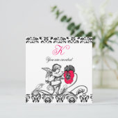 ENGEL SCHILDERT EEN ROZE BLOEM DAMASK MONOGRAMME KAART (Staand voorkant)