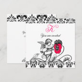 ENGEL SCHILDERT EEN ROZE BLOEM DAMAST MONOGRAMME KAART (Voorkant / Achterkant)