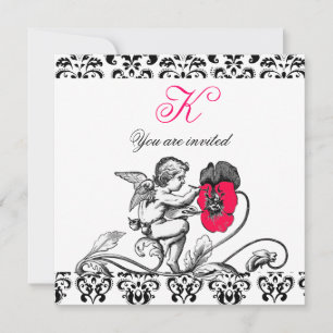 ENGEL SCHILDERT EEN ROZE BLOEM DAMAST MONOGRAMME KAART