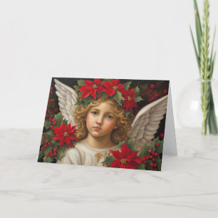 Engel van Kerstmis met rode Poinsettia Krans Feestdagen Kaart