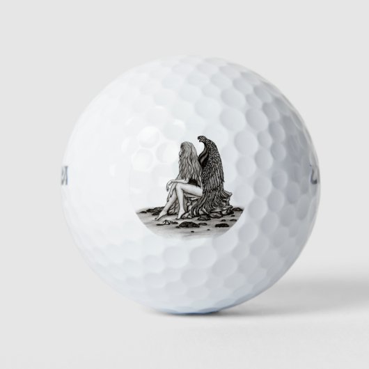Engel, verloren in gedachten, zwart-wit ontwerp golfballen (Voorkant)