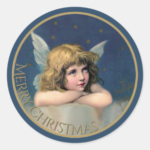  Engel Vrolijk kerstblauw en goud Ronde Sticker