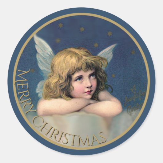  Engel Vrolijk kerstblauw en goud Ronde Sticker (Voorkant)
