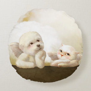 Engelachtig Duo: Lachende Bichon & Bao Bao Cloud Rond Kussen