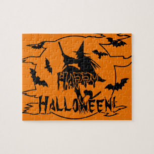 Engelachtige Halloween puzzel met zwarte heks en v