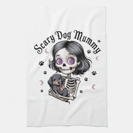 Engelachtige Hond Mummie Skelet Teckel Theedoek (Verticaal)
