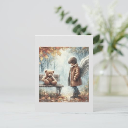 Engelachtige jongen met teddybeer briefkaart (Staand voorkant)