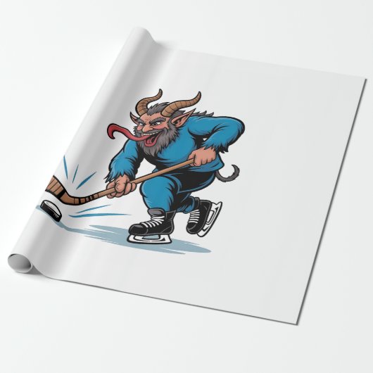 Engelachtige Krampus die ijshockey speelt met Kers Cadeaupapier (Uitgerold)